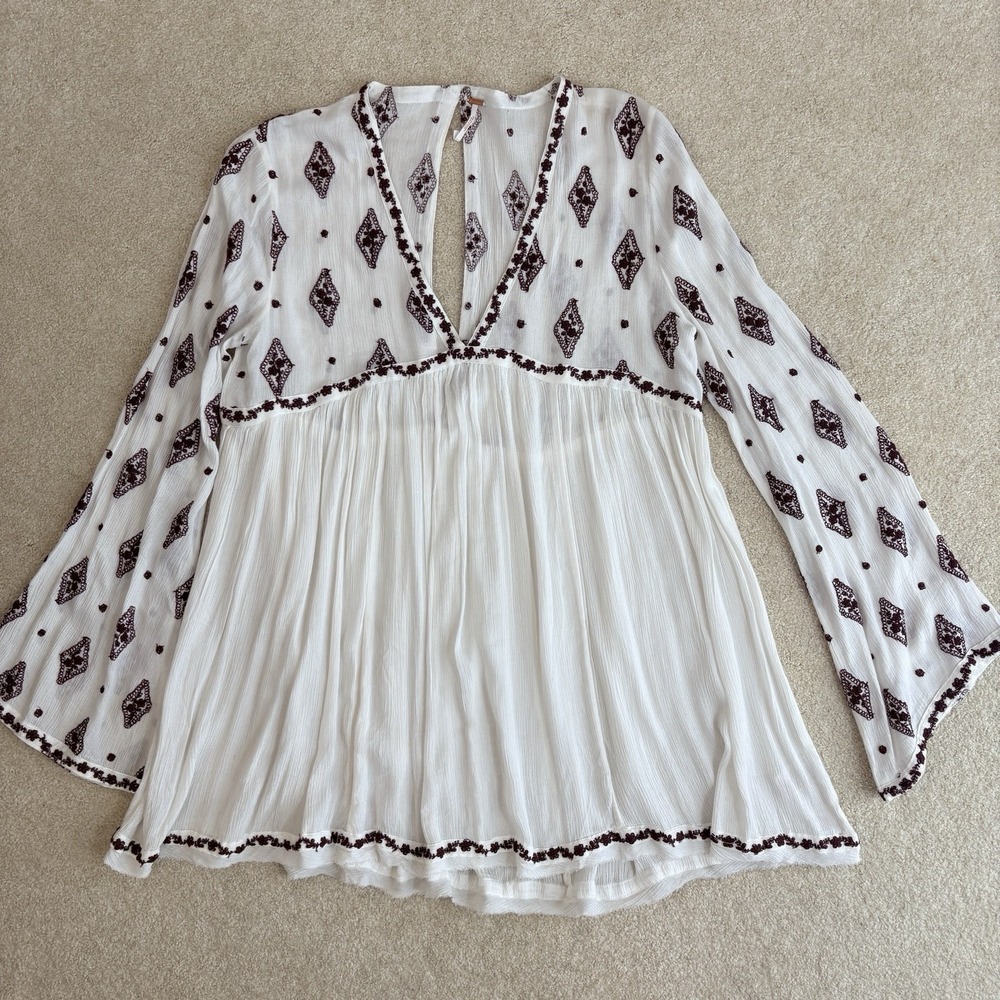 Free People Diamond Embroidered Tunic Medium Ivory Babydoll Boho Coastal Cowgirl